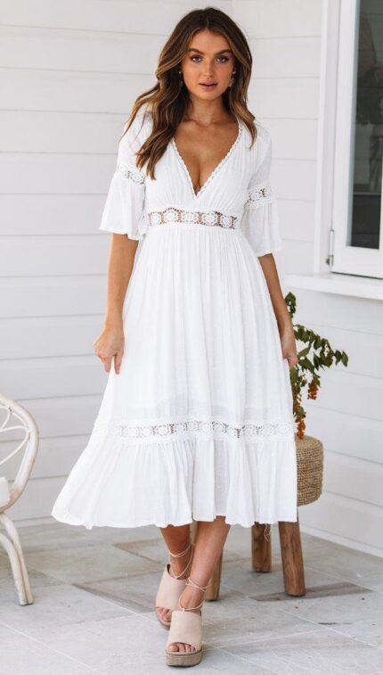 Flowy Long Lacy Dress with deep V-neck and Ruffled Sleeves